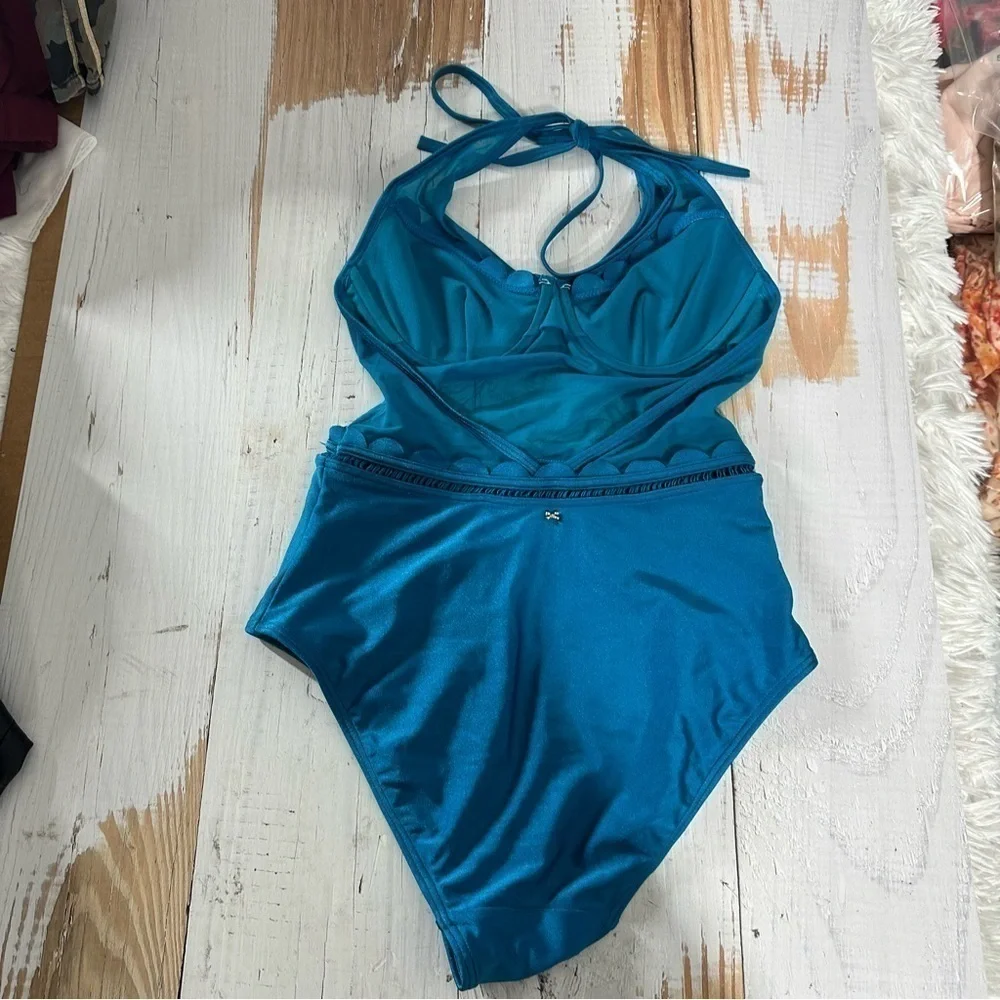 Ted Baker Kesia Scalloped Mesh One Piece Swimsuit Size 32C Teal - Picture 5 of 7